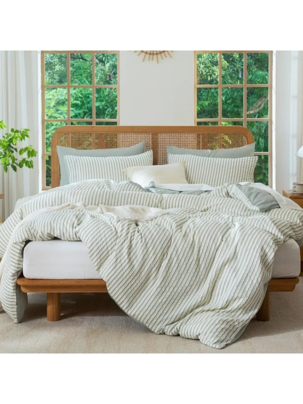 Sage Green Striped King Comforter Set - Soft Microfiber Bedding, 3 Pieces, All